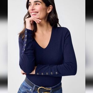 J. McLaughlin Marnie Sweater Cotton Blend Tonal Button Sleeves V Neck XL